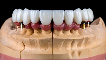 Close-up of a complete set of dental implants on a tan mold