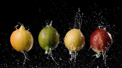 Row of four wet fruit on a black background. Water droplets suspend in midair in the lower half of the image - Powered by Adobe