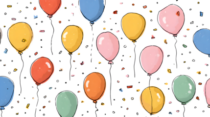 Colorful balloons and confetti isolated on white background