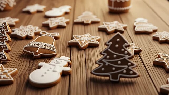 Array of iced gingerbread cookies shaped as holiday icons on wooden table, warm toned