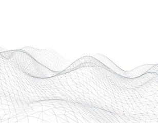 Abstract digital 3D mesh of undulating surfaces on a white backdrop
