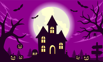 Haunted Mansion with Purple Sky and Glowing Pumpkins