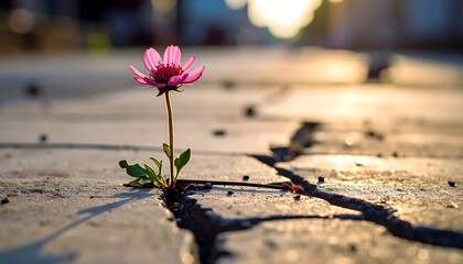 Vibrant pink flower blooming from a crack in the pavement, sunlight