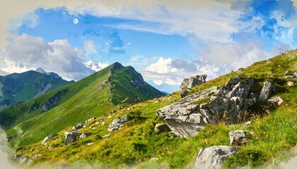 Green Mountain Ridge Under a Cloudy Sky - A Natural Landscape.