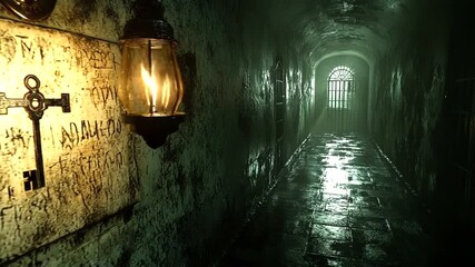 Dark, eerie corridor with a lantern and cross
