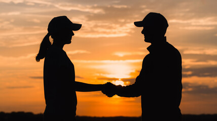 Silhouette handshake against stunning sunset symbolizes agreement