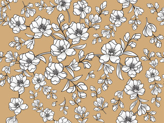 A black and white hand-drawn floral seamless pattern on a beige background, suitable for fabric prints, garments, wallpapers, wrapping paper, and other digital prints.