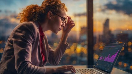 Stressed businesswoman analyzing stock market data on laptop at sunset - Powered by Adobe