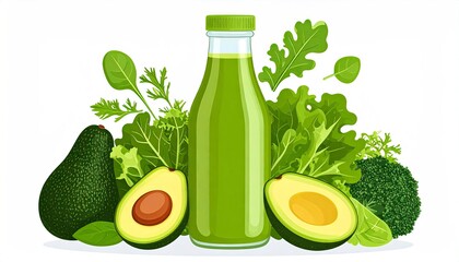 Green Smoothie Bottle with Avocado and Greens Illustration.