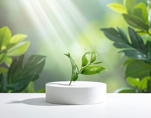 Green Sprout on White Pedestal - A Symbol of Growth and Hope.