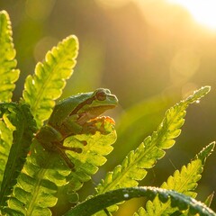 Green Tree Frog on Fern in Golden Light.