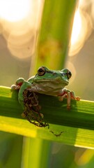Green Tree Frog Perched on a Reed in Natural Light.