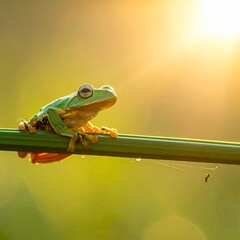 Green Tree Frog Perched on a Stem in Natural Light.