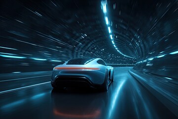 A sleek, futuristic silver coupe car speeding through a dark, glowing blue tunnel at high speed