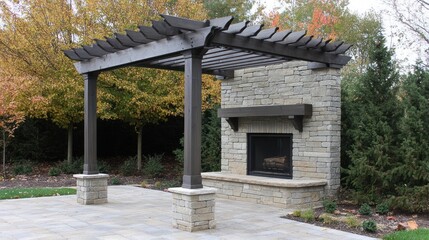 Naklejka premium Outdoor stone fireplace and pergola in landscaped backyard