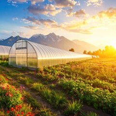 Greenhouse Agriculture at Sunset - Cultivating Growth and Sustainable Farming.