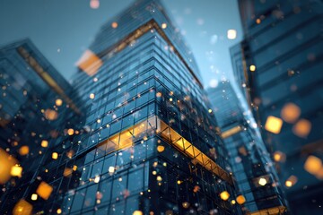 Angled view of modern skyscrapers with glass facades at dusk, lit by warm, blurred lights
