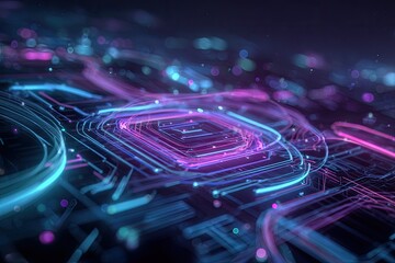 Abstract circuit board design, glowing lines and shapes in shades of blue and magenta