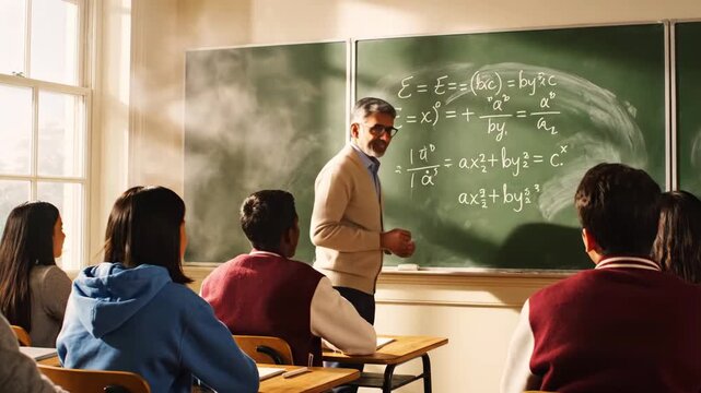 A math teacher writes on a blackboard as students watch, well-lit classroom setting