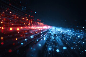 Abstract image of glowing red and blue light streams from a central source