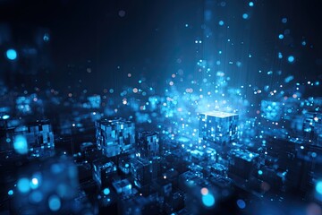 Digital abstract of glowing cubes and light particles in a futuristic, tech-inspired landscape