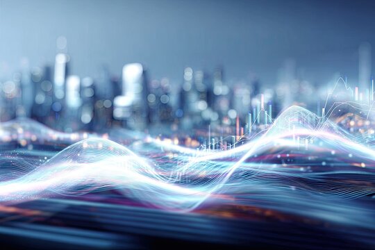 Futuristic cityscape with blurred background, abstract glowing lines, and data visualization
