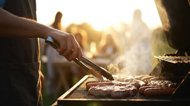 Grilling delicious food at sunset with friends and family in a beautiful green