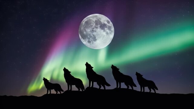 Five wolves howling at a large full moon under vibrant, swirling aurora borealis lights