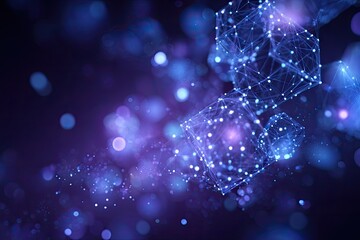 Abstract digital cube structures with connecting lines and bokeh effect against dark background