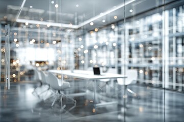 Fototapeta premium Interior view of a modern conference room with a long white table, chairs, and glass walls