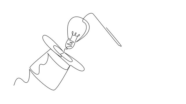 Animation of single continuous line drawing hand holds magic wand and points it at magic hat emits a lightbulb. Performances add value to creativity. National Creativity Day. Full length motion