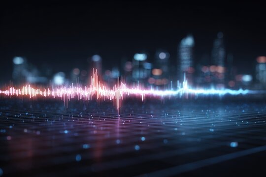 Abstract waveform overlaid on a city skyline at night, with illuminated dots