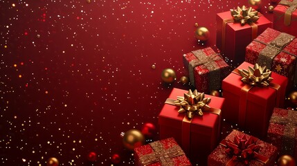 Christmas banner. Realistic gold gift box with red bow, pine branches, golden stars and glitter confetti. Xmas background, cover, poster, greeting cards, headers website.