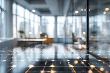 Interior office shot with blurred background showing open-plan desks, glass walls, cityscape