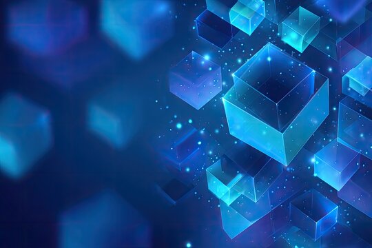 Abstract blue digital art featuring translucent 3D cubes floating in space with sparkling effects