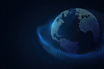 A digital globe made of dots, enveloped by a flowing blue aura against a dark background