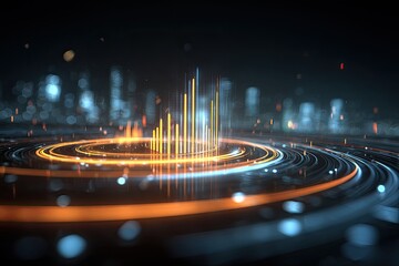 Abstract illustration of swirling data visualization with city backdrop, glowing lights