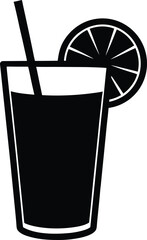 Simple black and white illustration of a tall glass filled with dark liquid and a straw garnished with a citrus slice