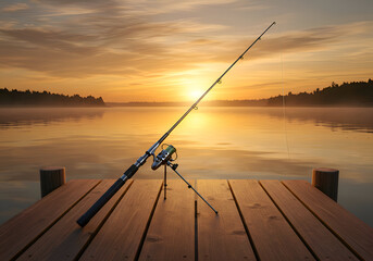 Fishing rod on wooden dock at sunrise