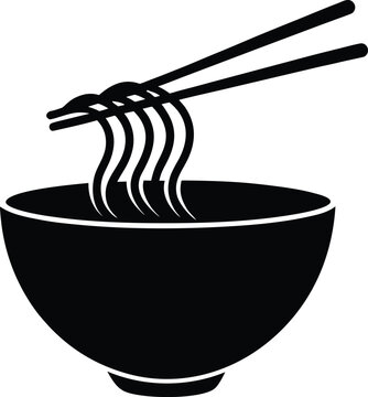 Simple black and white silhouette of chopsticks holding a steaming bowl of noodles
