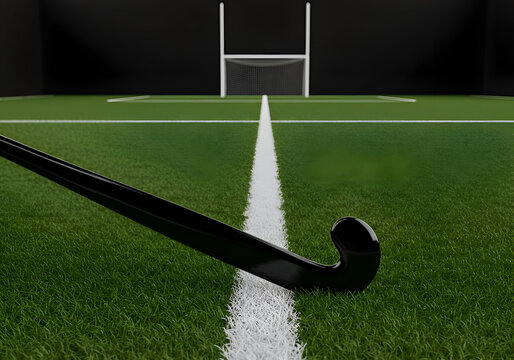 Black hockey stick on a green field with white lines and a goal. A sports equipment detail in a game field. Professional athlete's gear in a sports facility -