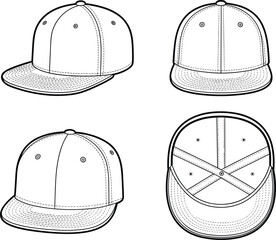 Baseball cap front top and side view, classic hat fashion sketch, apparel design flat template, cad drawing flat vector illustration