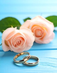 Close-up of two golden wedding rings and peach roses on blue wood