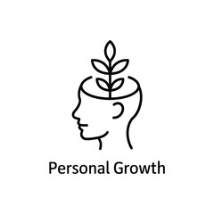 Symbolic line art of a human head profile with a sprouting plant growing from the top representing personal growth and development