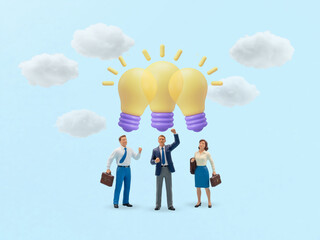 Teamwork Sparks Innovation in a Sky of Ideas, Miniature Businesspeople under glowing light bulbs floating in clouds