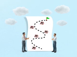 Strategic Planning Toward a Clear Business Goal, Mini figures discuss dotted path with obstacles to green flag