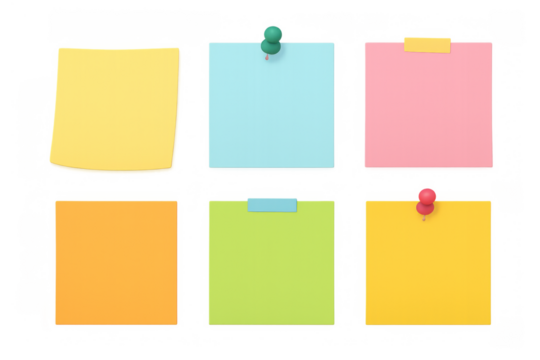 Set of colorful sticky notes with push pins and tape for reminder, memo, message, communication, planning, transparent background