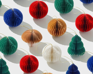 Minimal pattern of colorful paper Christmas ornaments shaped balls and Christmas tree, stylish holiday backdrop. Festive texture of paper Honeycomb baubles. Merry Christmas and Happy New Year concept.