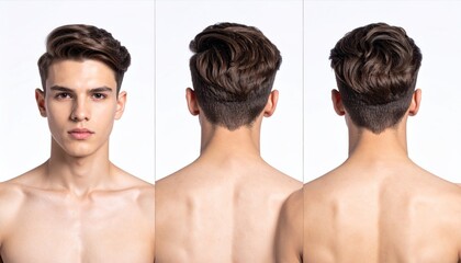 A set of three views showing the front and back of a handsome young man with a modern and stylish haircut on a white background, concept of male grooming and beauty