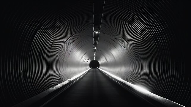 A long, dark, and ominous tunnel with converging lines and a bright light at the end